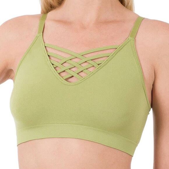 1X/2X Sage Green Front V Lattice Bralette + bra padding adjustable straps Zenana - Picture 15 of 16